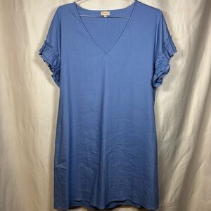 Cremieux Women's Blue Ruffle Cap Sleeve V Neck Shift Dress Size Medium Linen